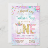 水彩画のユニコーンの最初誕生日の招待状 招待状 (正面)