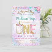 水彩画のユニコーンの最初誕生日の招待状 招待状 (スタンド正面)