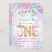 水彩画のユニコーンの最初誕生日の招待状 招待状 (正面/裏面)