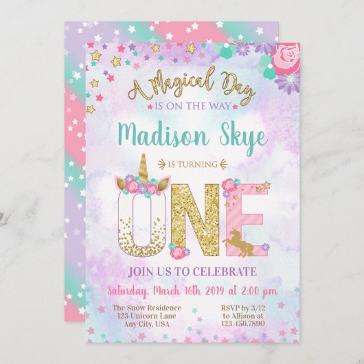 水彩画のユニコーンの最初誕生日の招待状 招待状 (正面/裏面)