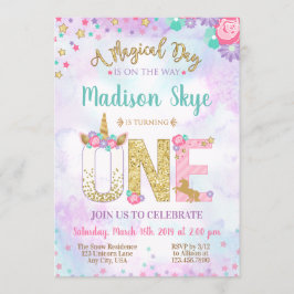 水彩画のユニコーンの最初誕生日の招待状 招待状