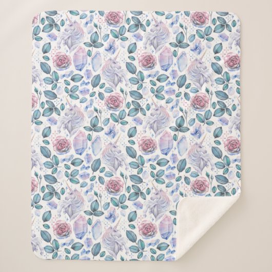 水彩画のユニコーンの水晶及びバラパターン シェルパブランケット (正面)