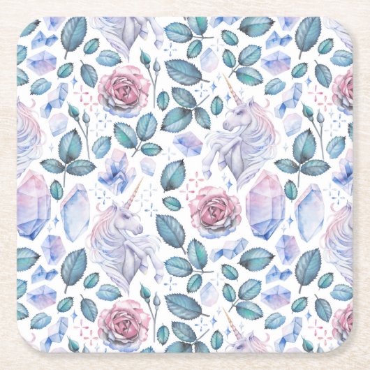 水彩画のユニコーンの水晶及びバラパターン スクエアペーパーコースター (正面)