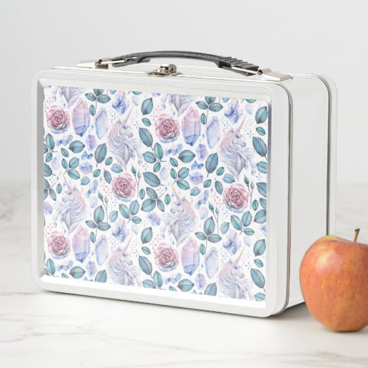 水彩画のユニコーンの水晶及びバラパターン メタルランチボックス (インサイチュ)