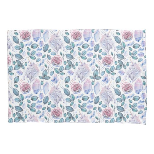 水彩画のユニコーンの水晶及びバラパターン 枕カバー (正面左)