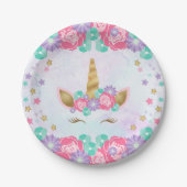 水彩画のユニコーンの花の魔法の誕生日 ペーパープレート (正面)