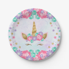 水彩画のユニコーンの花の魔法の誕生日 ペーパープレート