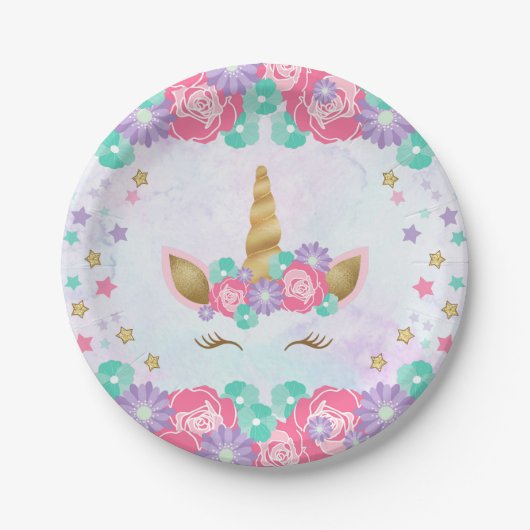 水彩画のユニコーンの花の魔法の誕生日 ペーパープレート (正面)