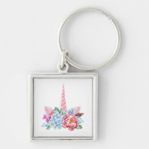 水彩画のユニコーンの花柄の王冠 キーホルダー