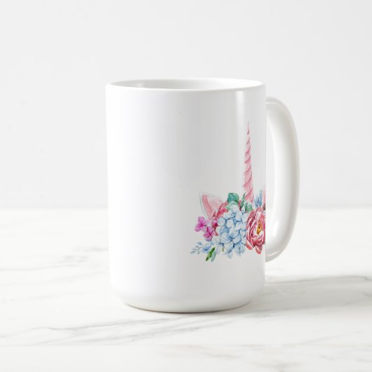 水彩画のユニコーンの花柄の王冠 コーヒーマグカップ (正面右)