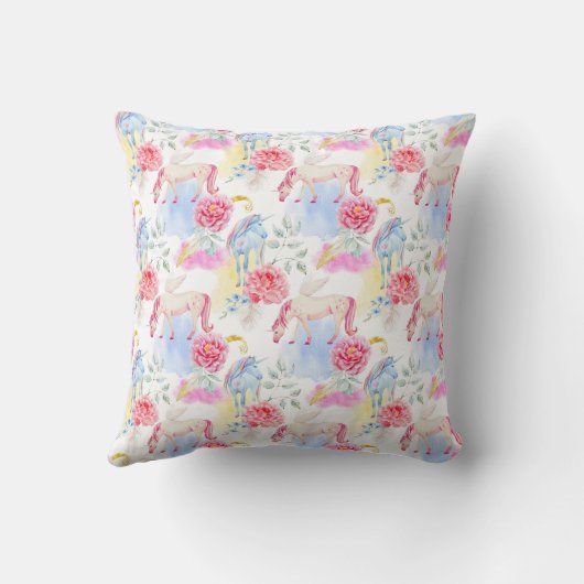 水彩画のユニコーン及びペガソスパターン クッション (裏面)