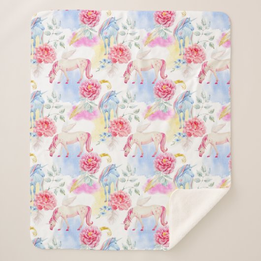 水彩画のユニコーン及びペガソスパターン シェルパブランケット (正面)