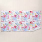 水彩画のユニコーン及びペガソスパターン ビーチタオル (正面)