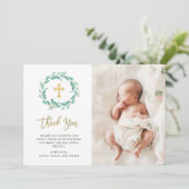 水彩画のユーカリおよび金ゴールドの十字|の洗礼 サンキューカード (スタンド正面)