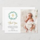 水彩画のユーカリおよび金ゴールドの十字|の洗礼 サンキューカード (正面/裏面)