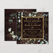水彩画のユーカリとゴールドフレーム スウィート16 招待状 (正面/裏面)