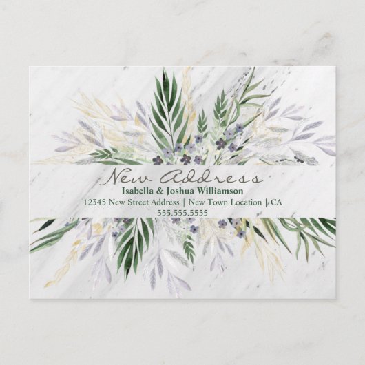 水彩画のユーカリと大理石 引っ越しのお知らせ ポストカード (正面)