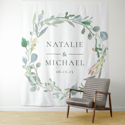 水彩画のユーカリのリースの緑の草木の結婚式 タペストリー (インサイチュ)