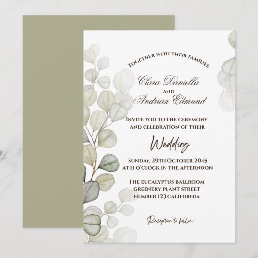 水彩画のユーカリの結婚式招待状 案内状 (正面/裏面)