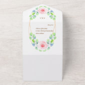 水彩画のユーカリの葉とピンクの花 オールインワン招待状 (外側)