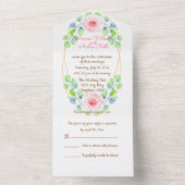 水彩画のユーカリの葉とピンクの花 オールインワン招待状 (内側)