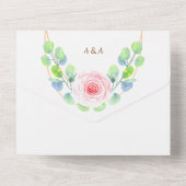 水彩画のユーカリの葉とピンクの花 オールインワン招待状 (裏面)