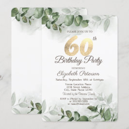 水彩画のユーカリの葉のグリーン 60歳の誕生日 招待状