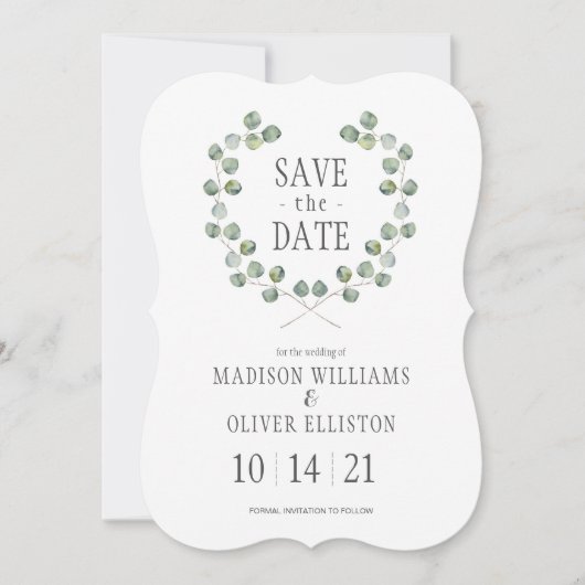 水彩画のユーカリの葉フレーム|の保存日付 セーブザデート (正面)