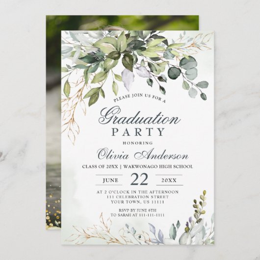 水彩画のユーカリグリーン植物 フォト 卒業 招待状 (正面/裏面)