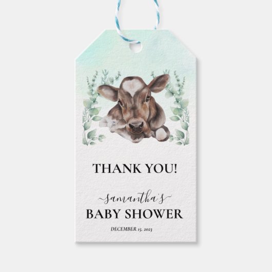 水彩画のユーカリ 牛の牧場 赤ちゃんおうし歓迎会 ギフトタグ (正面)