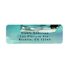 水彩画のヨットのヤシの木及びひもライト ラベル