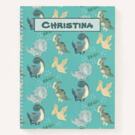 水彩画のライトアップティール（緑がかった色）恐竜の模様 ノートブック