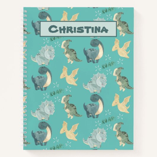 水彩画のライトアップティール（緑がかった色）恐竜の模様 ノートブック (正面)