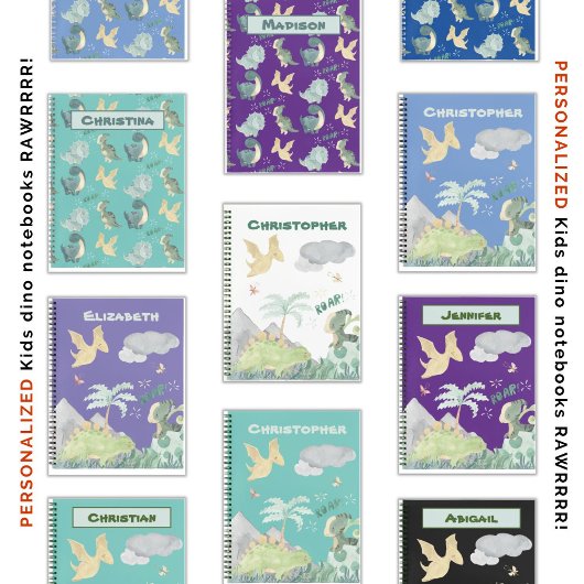 水彩画のライトアップティール（緑がかった色）恐竜の模様 ノートブック