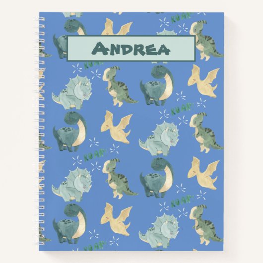 水彩画のライトブルー恐竜パターン ノートブック (正面)
