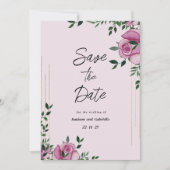 水彩画のライラックグリーンゴールドの花のSave The Date 招待状 (正面)