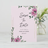 水彩画のライラックグリーンゴールドの花のSave The Date 招待状 (スタンド正面)