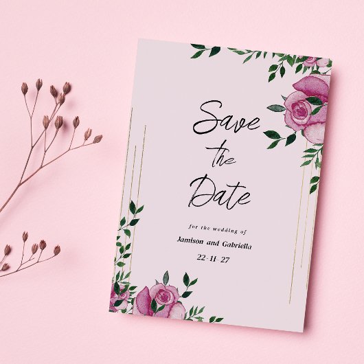水彩画のライラックグリーンゴールドの花のSave The Date 招待状
