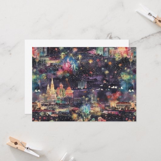 水彩画のラスベガス　クリスマスとニューイヤー 招待状 (正面/裏面インサイチュ)