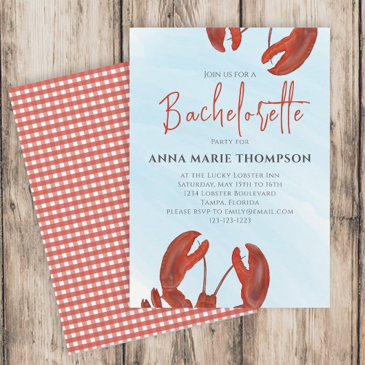 水彩画のラブスター娘達の会 赤いロブスター 海岸 招待状