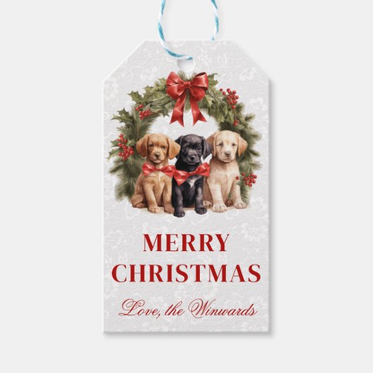 水彩画のラブラドール子犬とリースのクリスマス ギフトタグ (正面)