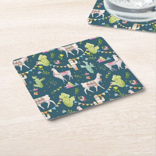 水彩画のラマの旗パターン スクエアペーパーコースター (アングル)