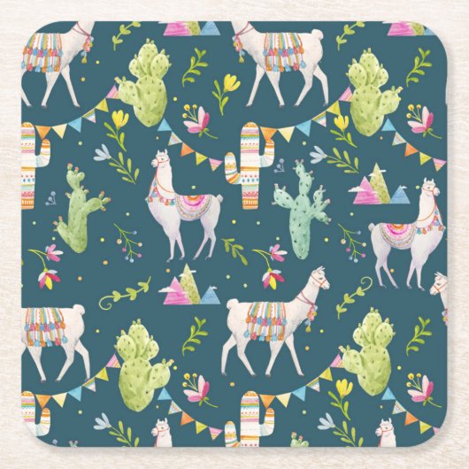 水彩画のラマの旗パターン スクエアペーパーコースター (正面)