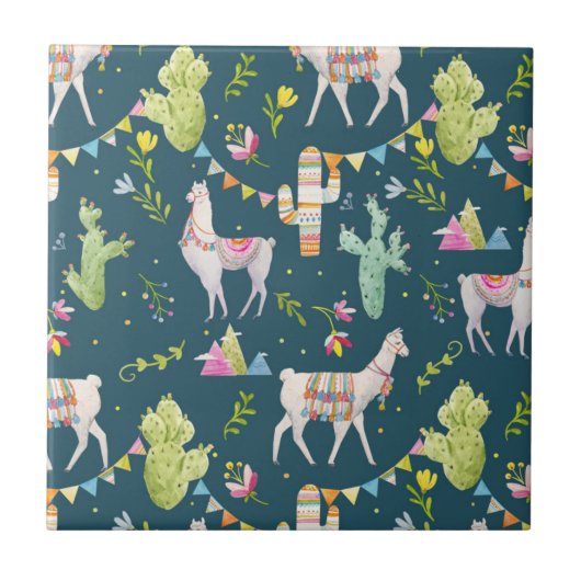 水彩画のラマの旗パターン タイル (正面)