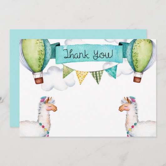 水彩画のラマの熱気の気球のサンキューカード サンキューカード (正面/裏面)