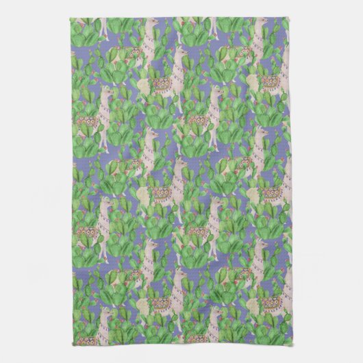 水彩画のラマ及びCatusパターン キッチンタオル (縦)