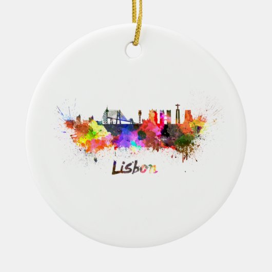 水彩画のリスボンのスカイライン セラミックオーナメント (正面)