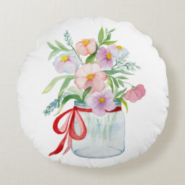 水彩画のリボンのある花瓶の花束 ラウンドクッション