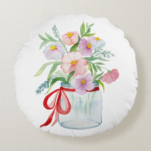 水彩画のリボンのある花瓶の花束 ラウンドクッション (正面)
