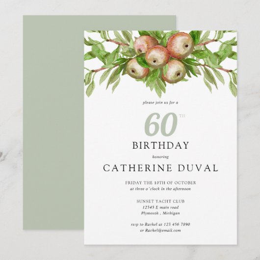 水彩画のリンゴと枝の誕生日 招待状 (正面/裏面)